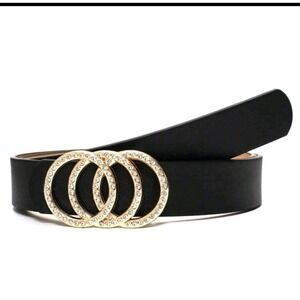 Black‎ Belt Gold Circle Buckle Rhinestone Fashion Women's 43.3 inches